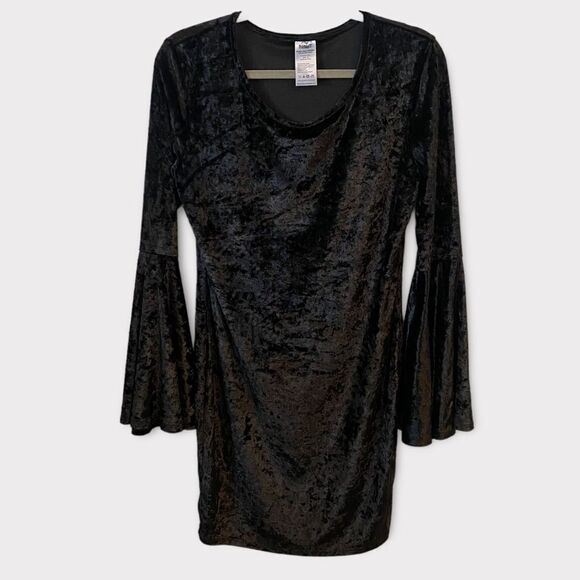 Velvety Bell Sleeved Medieval Goth Midi Little Black Costume Dress - Picture 2 of 6